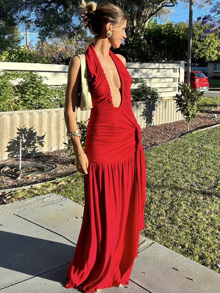 Halter Deep V Neck Sexy Maxi Dress For Women Gown Fashion Solid Sleeveless Backless Draped Ruched Bodycon Long Dress