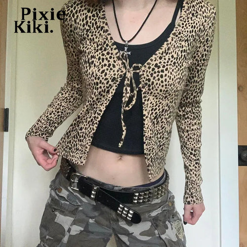 Load image into Gallery viewer, Leopard Print Y2k Tops Women 2024 Fall Tie Front V Neck Long Sleeve Tees Street Fashion T Shirt Cardigan P77-AG10
