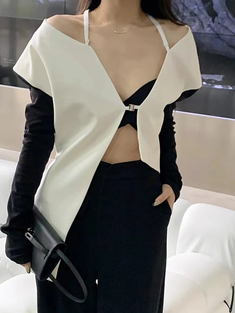 Sexy Asymmetrical Hem Shirt For Women V Neck Long Sleeve Off Shoulder Blouses Female Fashion Clothes Style