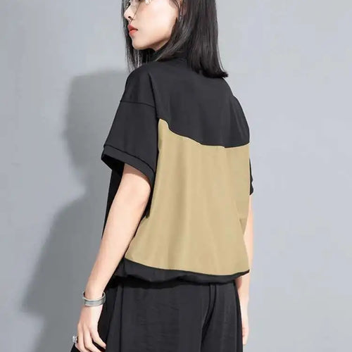 Load image into Gallery viewer, Women Yellow Pocket Drawstring Big Size T-shirt New Turtleneck Short Sleeve Fashion Tide Spring Summer 2025 1DJ0150
