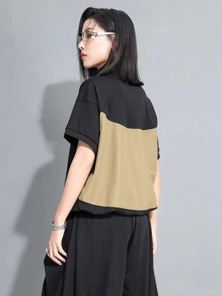 Women Yellow Pocket Drawstring Big Size T-shirt New Turtleneck Short Sleeve Fashion Tide Spring Summer 2025 1DJ0150