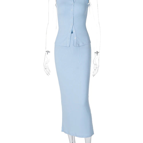 Load image into Gallery viewer, Ribbed Fashion 2 Pieces Sets Solid O Neck Buttons Sexy Slim Tank Top Midi Skirt Summer New Y2K Outfit Festival Party
