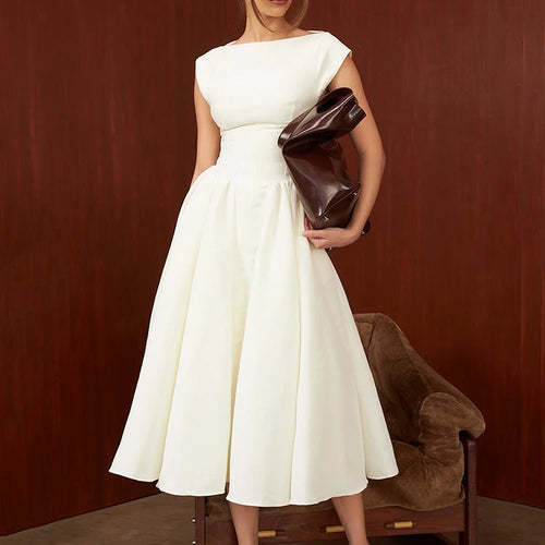 Load image into Gallery viewer, White Backless A-line Sexy Maxi Dress For Women Gown Solid Hollow Out Sleeveless High Waist Club Pleated Dress Elegant
