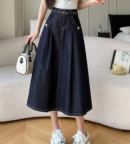 Korean Vintage Blue Pleated Denim Skirt Women's 2024 Autumn Winter Elegant High-waisted Party Jean Long Skirt Vacation Big Size