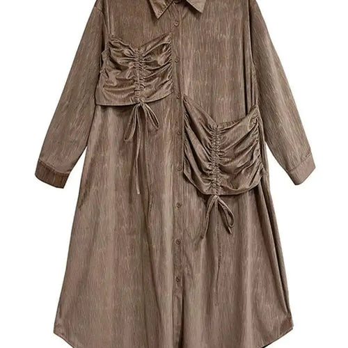 Load image into Gallery viewer, Women Khaki Drawstring Irregular Big Size Elegant Midi Dress New Long Sleeve Fashion Tide Spring Autumn 2025 1DH7270
