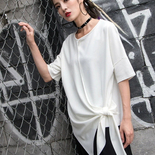 Load image into Gallery viewer, Women White Irregular Bandage Big Size T-shirt New Round Neck Short Sleeve Fashion Tide Spring Summer 2025  1DJ1767
