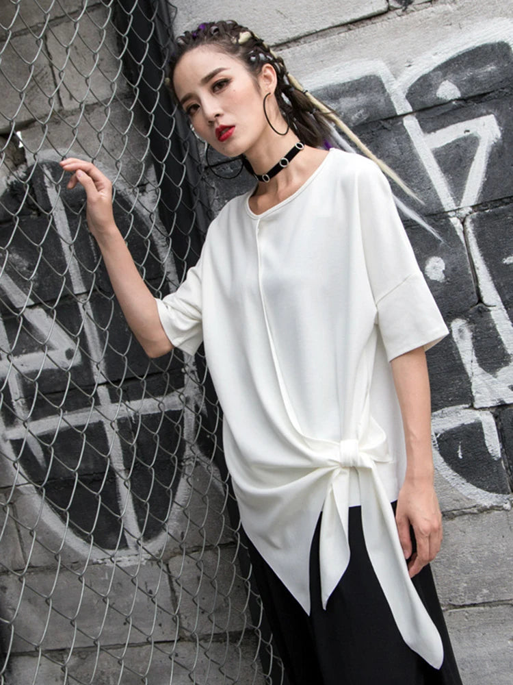 Women White Irregular Bandage Big Size T-shirt New Round Neck Short Sleeve Fashion Tide Spring Summer 2025  1DJ1767