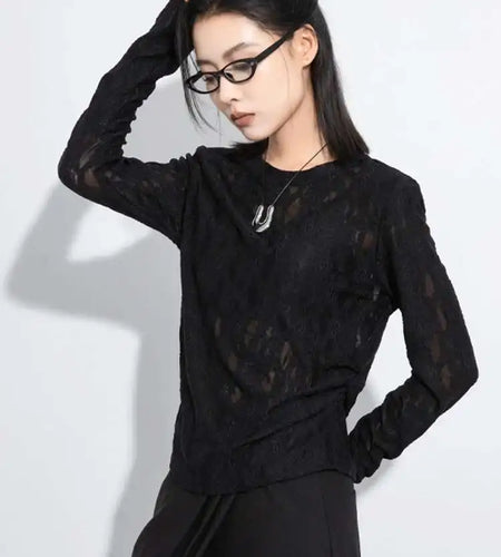 Women Black Lace Hollow Out Elegant Slim T-shirt New Round Neck Long Sleeve Fashion Tide Spring Autumn 2025 1DJ0474