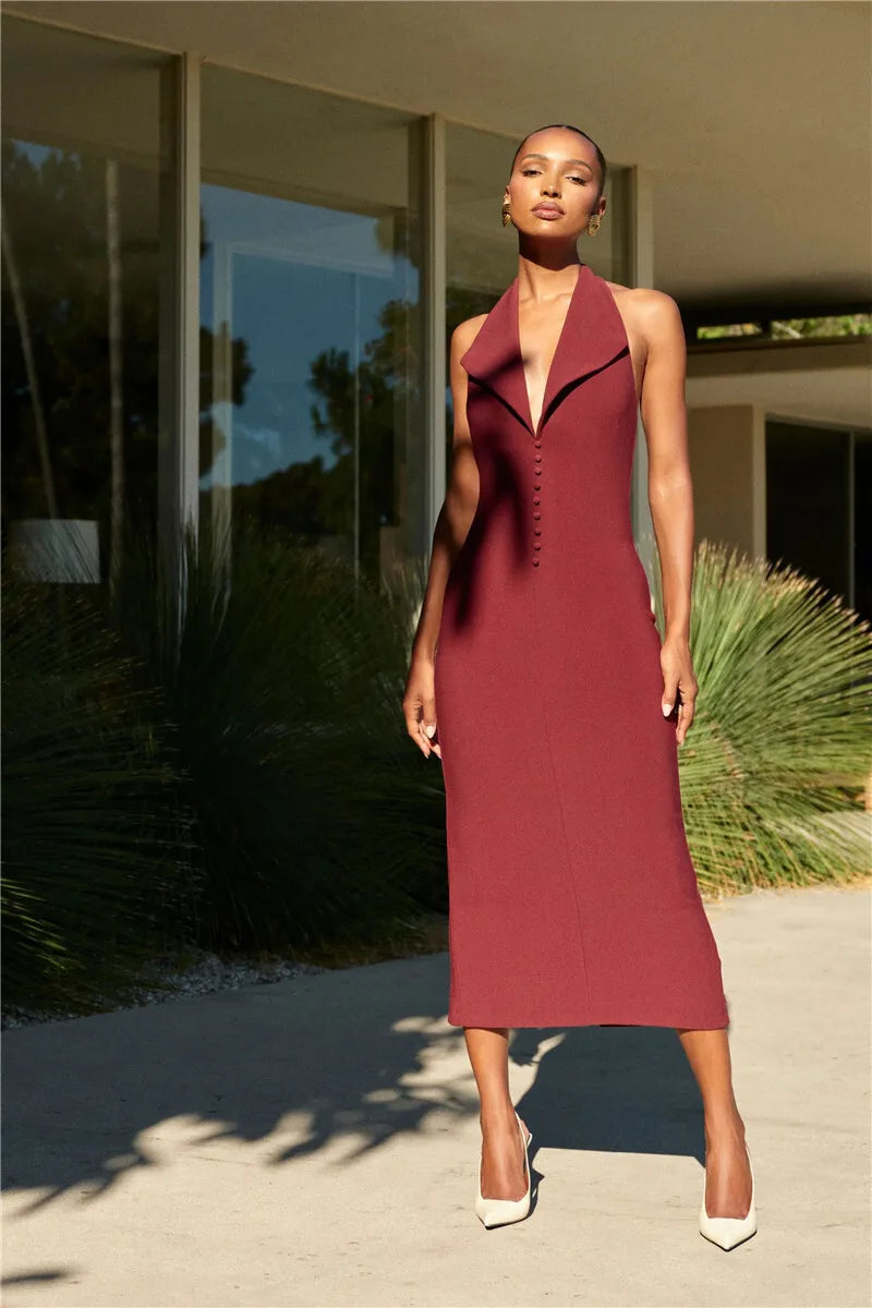 Halter Deep V Neck Sleeveless Sexy Maxi Dress For Women Elegant Backless Bodycon Tank Dress Femme Fashion Long Dress