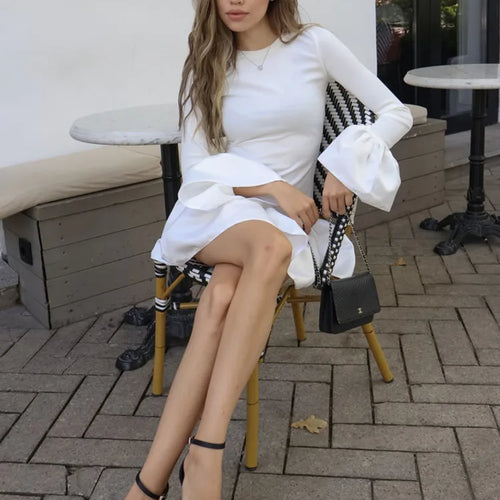 Load image into Gallery viewer, Long Flare Sleeve Knitted Sexy Mini Dress For Women Autumn Winter New Patchwork O Neck A-line Knit Puffy Dress Elegant
