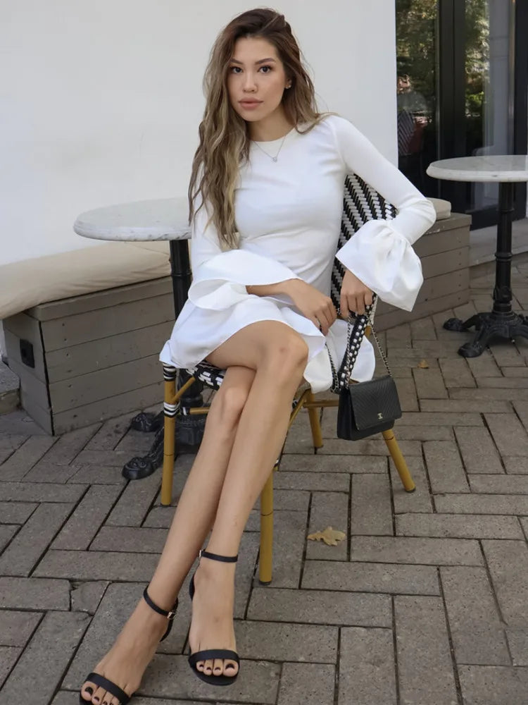 Long Flare Sleeve Knitted Sexy Mini Dress For Women Autumn Winter New Patchwork O Neck A-line Knit Puffy Dress Elegant