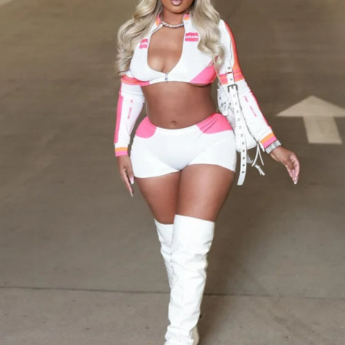 Load image into Gallery viewer, Contrast Patchwork 2 Piece Set Women Cardigan Full Sleeve Crop Jacket+Shorts Matching Hottie Street Cool Sporty Tracksuit
