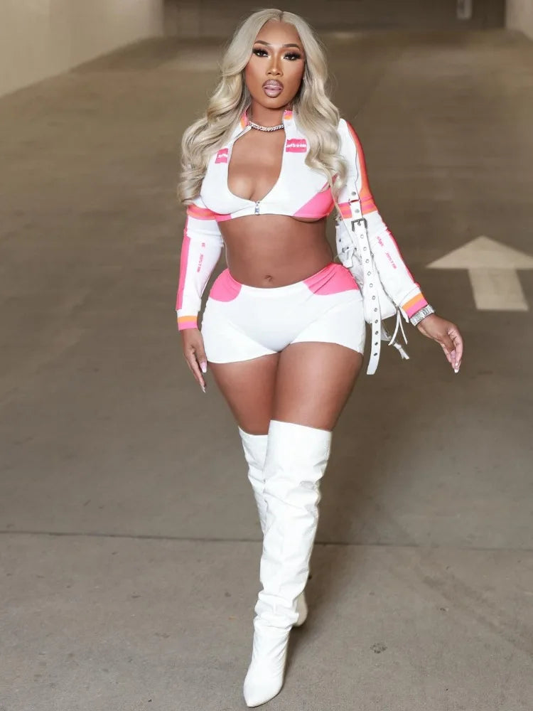 Contrast Patchwork 2 Piece Set Women Cardigan Full Sleeve Crop Jacket+Shorts Matching Hottie Street Cool Sporty Tracksuit