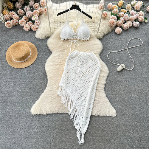 Load image into Gallery viewer, Vacation Sexy Suits Strapless Halter Backless Bikini+Drawstring Tassel Skirt Women Beach Knitted Two Pieces Suits
