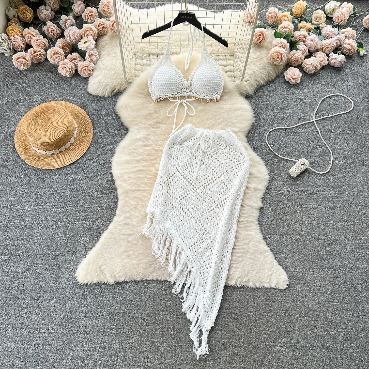 Vacation Sexy Suits Strapless Halter Backless Bikini+Drawstring Tassel Skirt Women Beach Knitted Two Pieces Suits