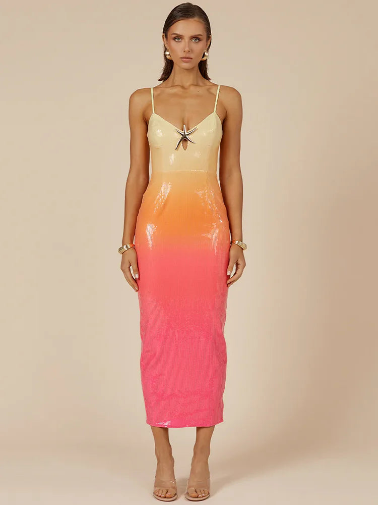 Sequins Spaghetti Strap Gradient Sexy Maxi Dress For Women Fashion Sleeveless Backless Split Sparkle Club Party Dress