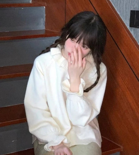 Sweet Ruffled Collar Solid Sweater Women Y2k Aesthetic Winter Loose Irregular Tops Harajuku Fairy Flare Sleeve Knitwear Jumper