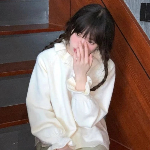 Load image into Gallery viewer, Sweet Ruffled Collar Solid Sweater Women Y2k Aesthetic Winter Loose Irregular Tops Harajuku Fairy Flare Sleeve Knitwear Jumper
