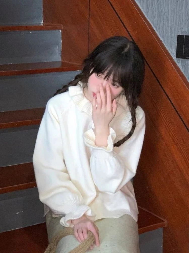 Sweet Ruffled Collar Solid Sweater Women Y2k Aesthetic Winter Loose Irregular Tops Harajuku Fairy Flare Sleeve Knitwear Jumper