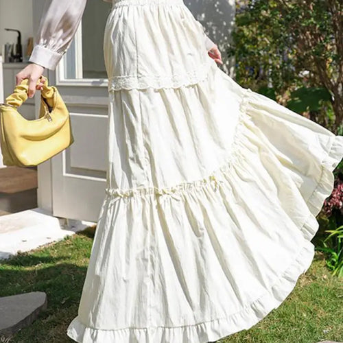 Load image into Gallery viewer, Spring Summer Sweet Retro Beige Pink Temperament Ruffle Edge Cake Long Skirt Women Black White Lace High Waist Party Club Skirts
