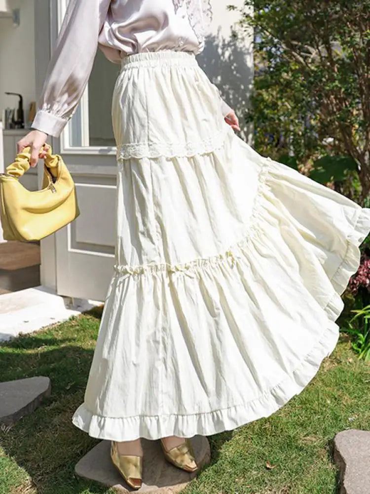 Spring Summer Sweet Retro Beige Pink Temperament Ruffle Edge Cake Long Skirt Women Black White Lace High Waist Party Club Skirts