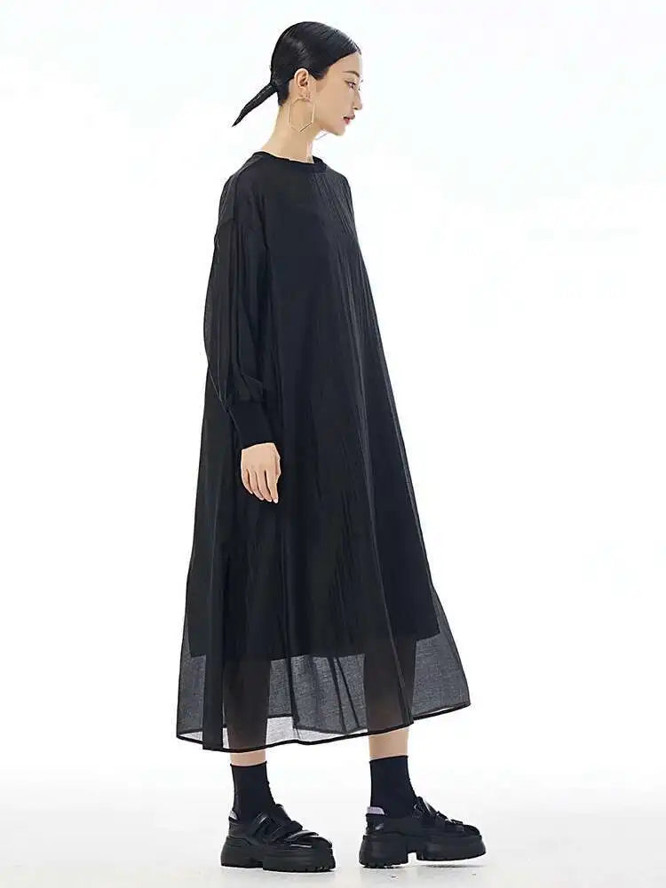 Women Khaki Mesh Perspective Big Size Thin Dress New Round Neck Long Sleeve Fashion Tide Spring Autumn 2025 1DH7412