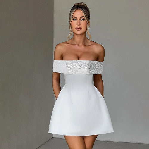 Load image into Gallery viewer, Off-shoulder Sequins Strapless Sexy Mini Dress Women Fashion Sleeveless Backless Sparkle High Waist Club Sexy Dress
