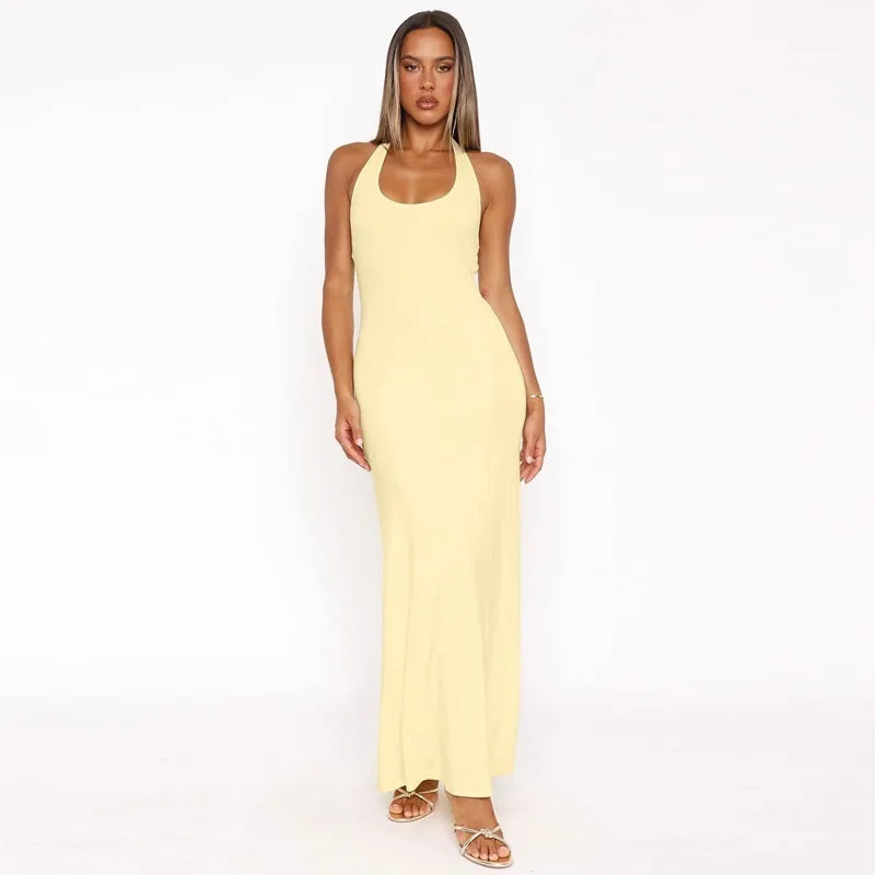 Halter Backless Sexy Maxi Dress Women Gown Summer New Solid U Neck Sleeveless High Waist Long Dress Elegant 2025