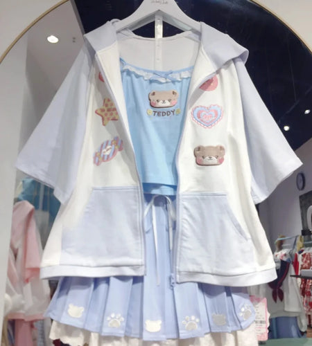 Preppy Style Cartoon Printing Hooded Coats Women Y2k Aesthetic Patchwork Casual Jackets Summer Harajuku Loose Zipper Grunge Tops