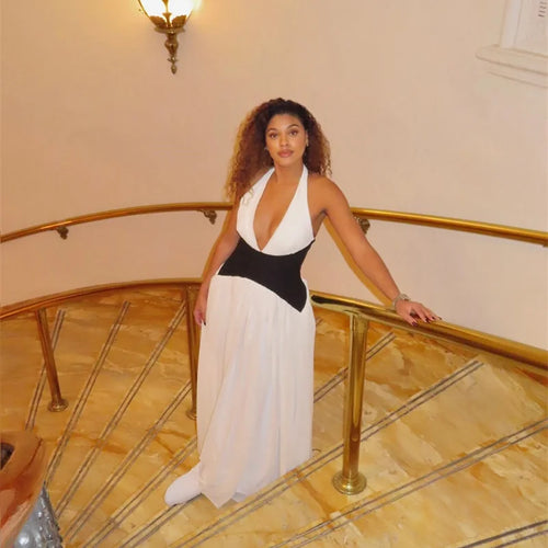 Load image into Gallery viewer, Halter Deep V Neck Backless Sexy Maxi Dress Women Gown Fashion Patchwork Sleeveless High Waist Club Party Long Dress
