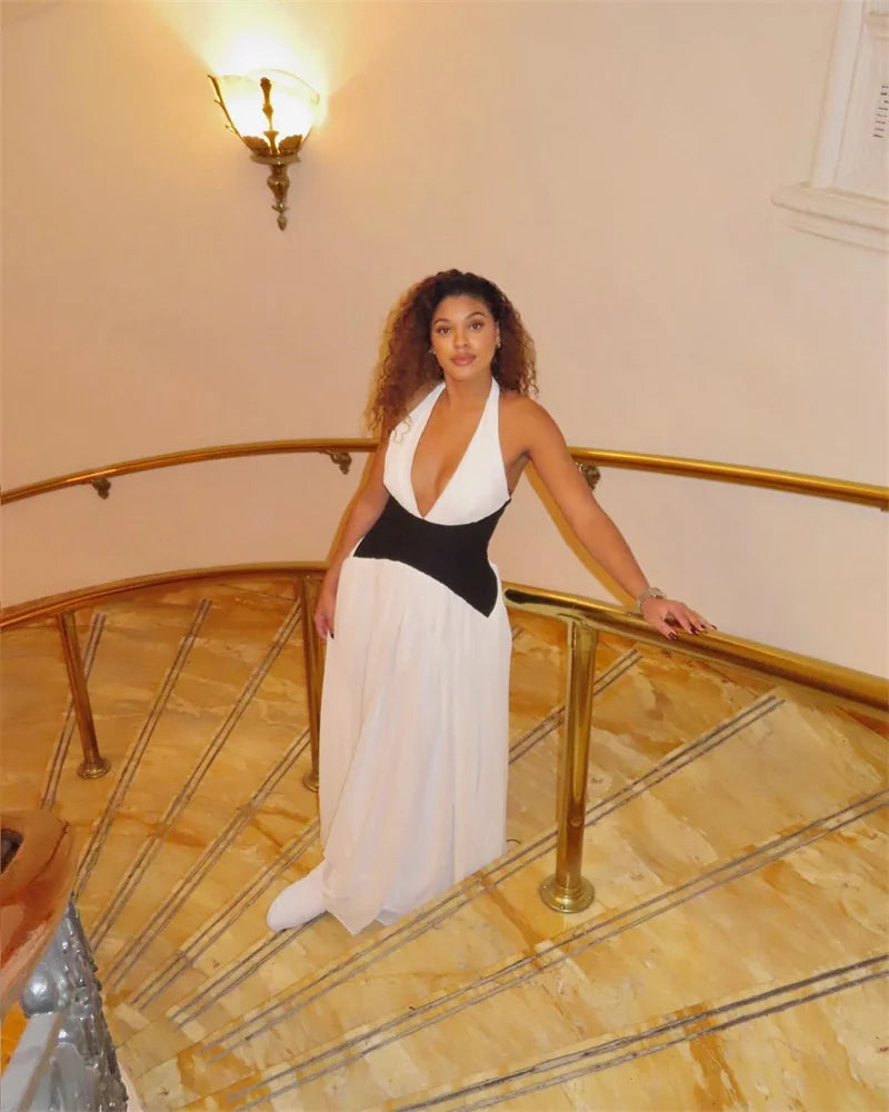 Halter Deep V Neck Backless Sexy Maxi Dress Women Gown Fashion Patchwork Sleeveless High Waist Club Party Long Dress