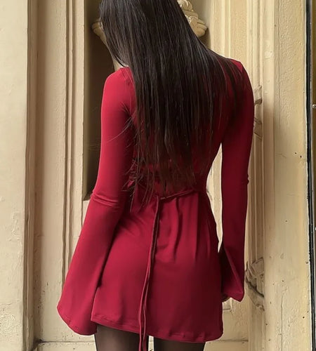 Elegant Long Sleeved Round Neck Short Skirt Tight Elastic Dress Women's Bodycon Lace Up Female Vesidos Streewear 2024