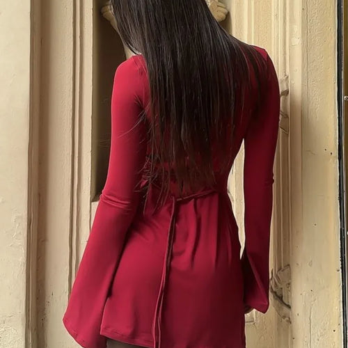 Load image into Gallery viewer, Elegant Long Sleeved Round Neck Short Skirt Tight Elastic Dress Women's Bodycon Lace Up Female Vesidos Streewear 2024
