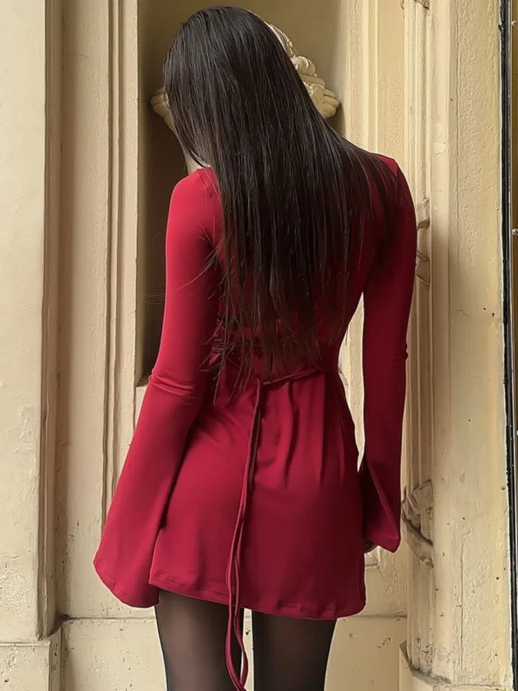 Elegant Long Sleeved Round Neck Short Skirt Tight Elastic Dress Women's Bodycon Lace Up Female Vesidos Streewear 2024