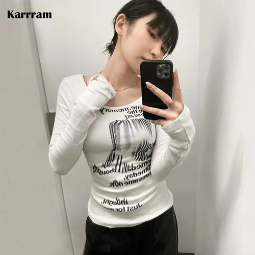 Load image into Gallery viewer, Grunge Print Long Sleeve T-shirt Korean Fashion Graphic T Shirts Y2k Aesthetics Kpop Tops Sexy Slim Tee Shirt Streetwear
