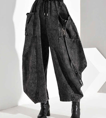 High Elastic Waist Pocket Split Long Denim Wide Leg Trousers New Loose Fit Pants Women Fashion Spring Autumn 2025 1D202