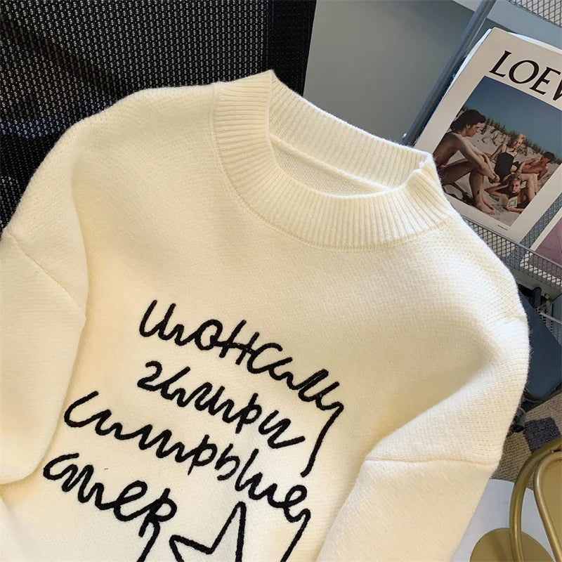 Women's Letters Star Shaped Long Sleeve Round Neck Sweater Autumn Winter Elegant Festival Versatile Knitted Thick Pullover Tops