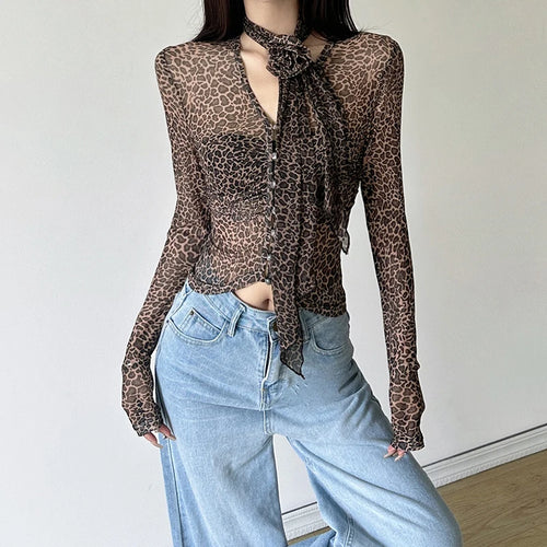Load image into Gallery viewer, Leopard Tops Women Grunge Clothes See Through V Neck Long Sleeve Button T Shirts with Scarf y2k Clothing Streetwear
