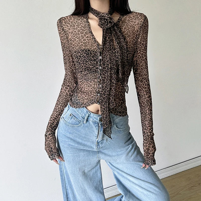 Leopard Tops Women Grunge Clothes See Through V Neck Long Sleeve Button T Shirts with Scarf y2k Clothing Streetwear