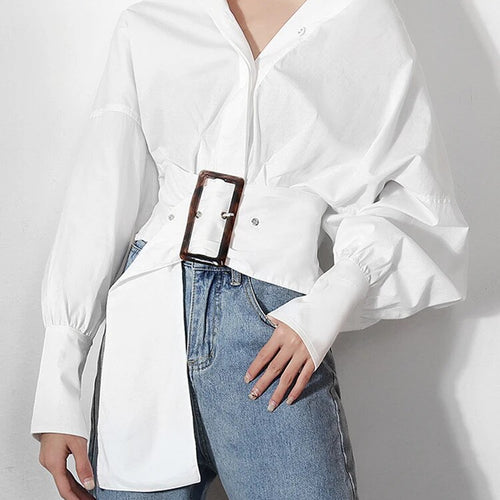 Load image into Gallery viewer, Solid Patchwork Belt Shirt For Women Lapel Lantern Sleeve Spliced Single Breasted Casual Blouse Female Fashion
