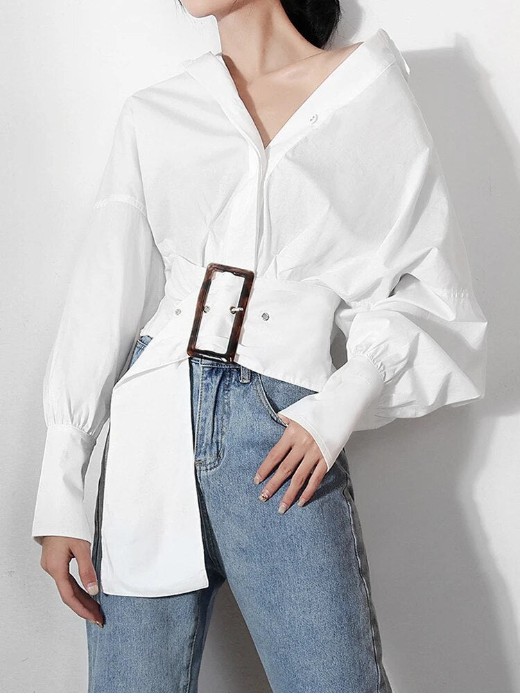 Solid Patchwork Belt Shirt For Women Lapel Lantern Sleeve Spliced Single Breasted Casual Blouse Female Fashion