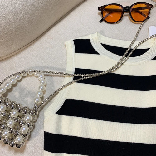 Load image into Gallery viewer, Vintage Chic Round-neck Striped Patchwork Knitted Sleeveless Women&#39;s Vest Korean Fashion Summer 2024 Female Clothing Tank Tops

