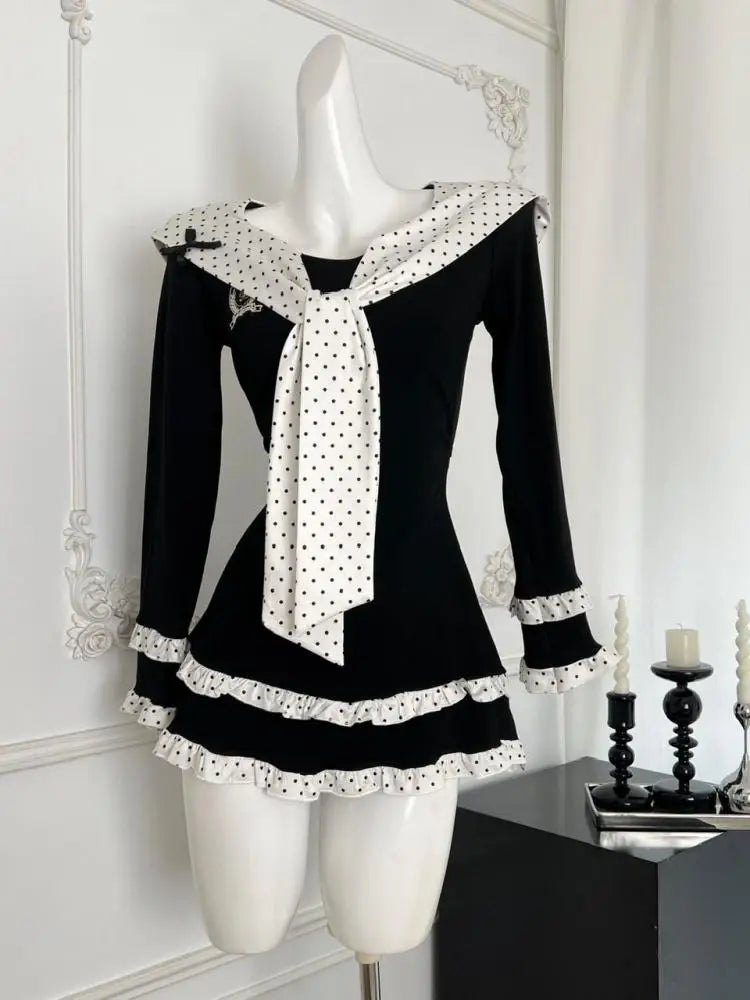 Vintage Women Autumn Sweet Black Dot Patchwork Long Sleeved Short Dress French Elegant College Style Ruffles Fashion Mini Dress