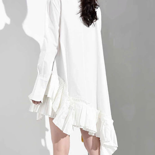 Load image into Gallery viewer, Women White Ruffles Irregular Long Blouse New Stand Collar Long Sleeve Loose Fit Shirt Fashion Spring Autumn 2025 JI82400
