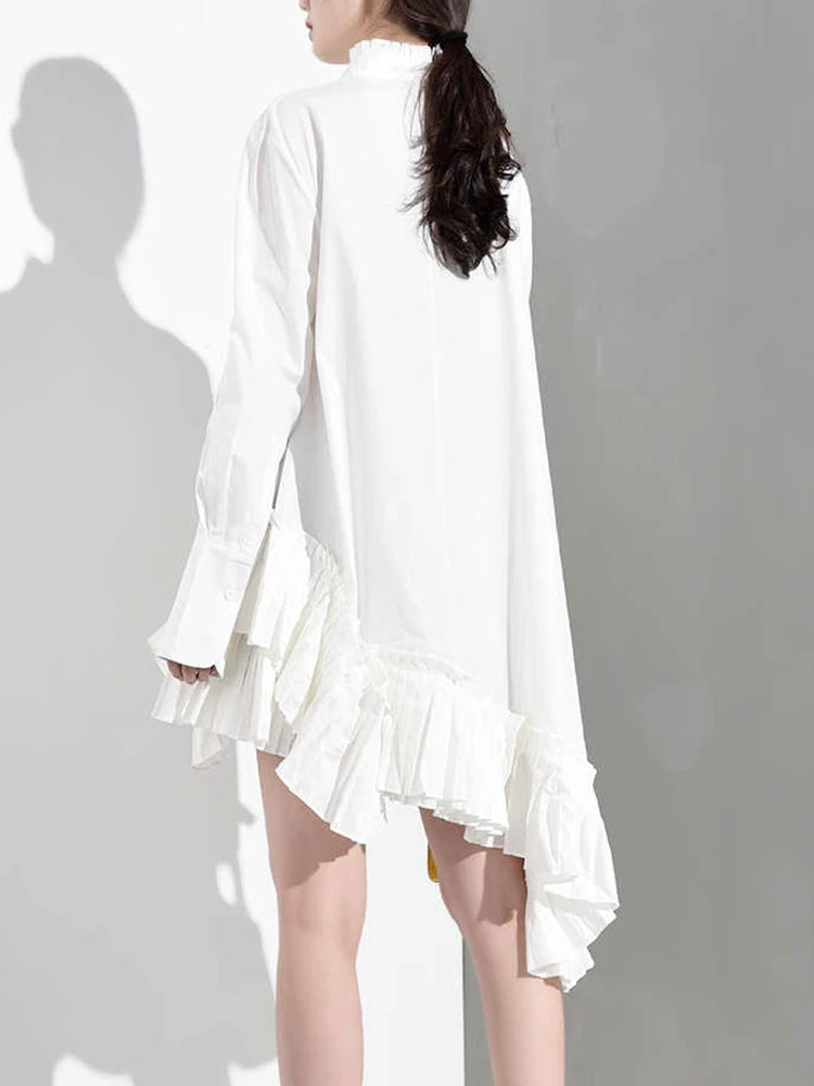 Women White Ruffles Irregular Long Blouse New Stand Collar Long Sleeve Loose Fit Shirt Fashion Spring Autumn 2025 JI82400