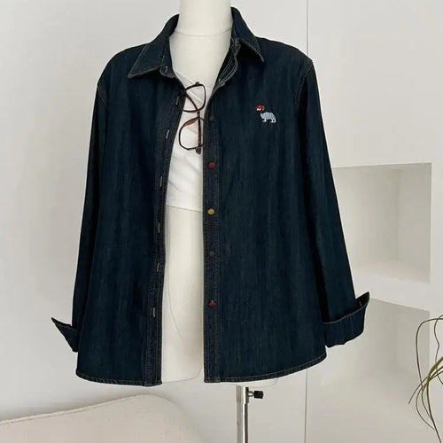 Load image into Gallery viewer, Korean Fashion Blue Velvet Embroidered Puppy Denim Shirt Women Long Sleeve Blouses Vintage Single Breasted Tops Autumn Winter
