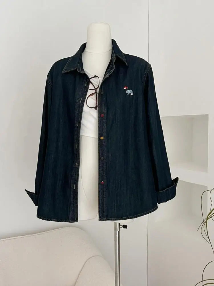 Korean Fashion Blue Velvet Embroidered Puppy Denim Shirt Women Long Sleeve Blouses Vintage Single Breasted Tops Autumn Winter