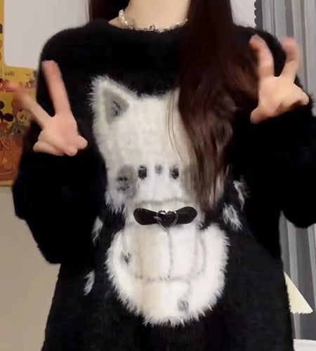 2025 Harajuku Black Cartoon Cat Knitted Soft Sweater Women Autumn Vintage Streetwear Tops Loose Grunge Y2k Aesthetic Pull Femme