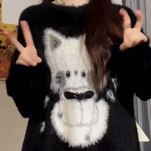 Load image into Gallery viewer, 2025 Harajuku Black Cartoon Cat Knitted Soft Sweater Women Autumn Vintage Streetwear Tops Loose Grunge Y2k Aesthetic Pull Femme
