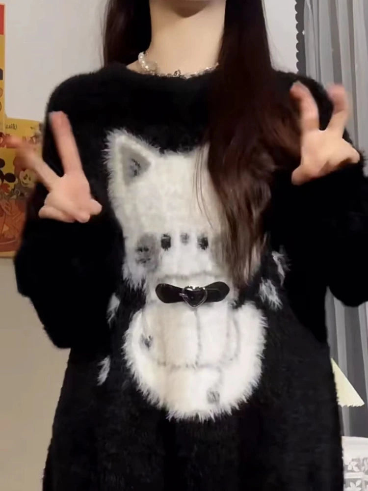 2025 Harajuku Black Cartoon Cat Knitted Soft Sweater Women Autumn Vintage Streetwear Tops Loose Grunge Y2k Aesthetic Pull Femme